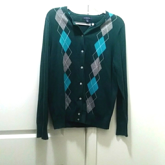 Lands' End Sweaters - Lands End argyle button up cardigan in hunter green and light grey withn teal